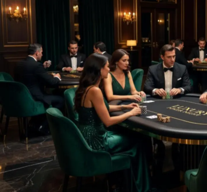 Elegancka sala z oświetlonym stołem pokerowym oraz gośćmi podczas wydarzenia w Nocny Scena Hub.