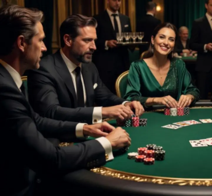Elegancko oświetlony stół pokerowy otoczony gośćmi podczas wieczoru eventowego