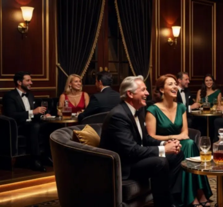 Goście podczas eleganckiego wydarzenia w Nocny Scena Hub, rozmawiający i uśmiechający się przy stoliku