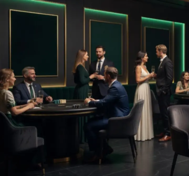 Kinowo oświetlona sala eventowa z eleganckimi stołami do pokera