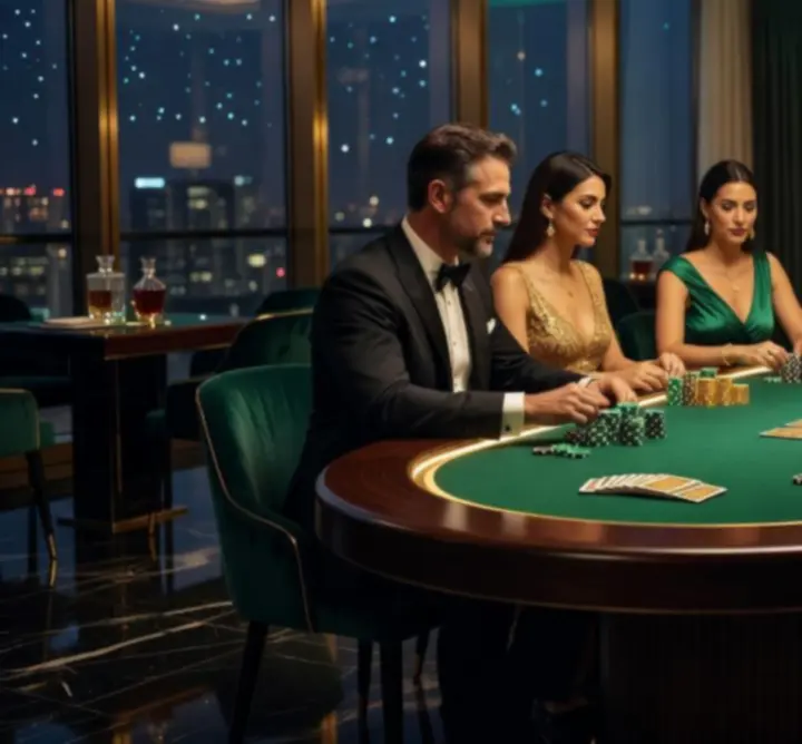 Stylowy wieczór pokerowy w eleganckim wnętrzu Nocny Scena Hub z grupą gości przy oświetlonym stole
