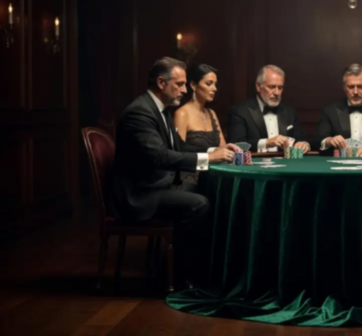 Pokerowy stół w nastrojowym świetle z graczami skoncentrowanymi na rozgrywce
