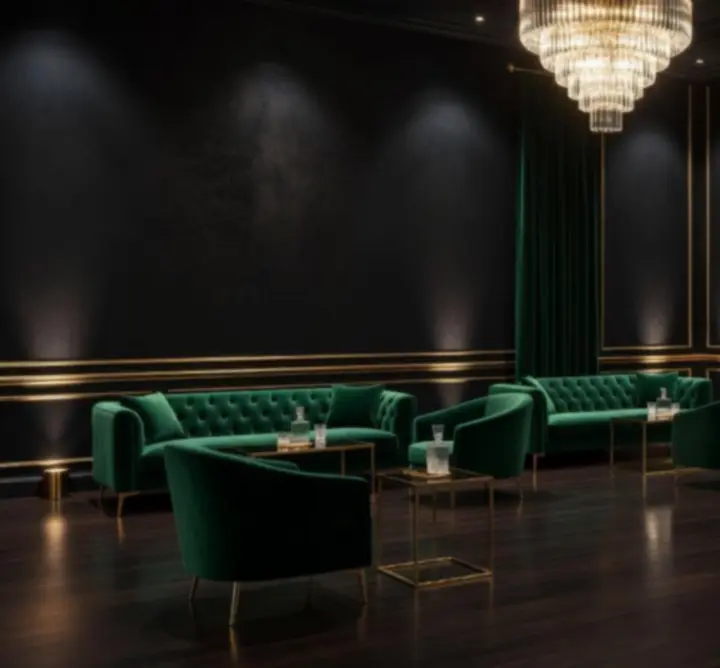 Cinematiczne wnętrze Nocny Scena Hub z nastrojowym oświetleniem i elegancką aranżacją sali eventowej